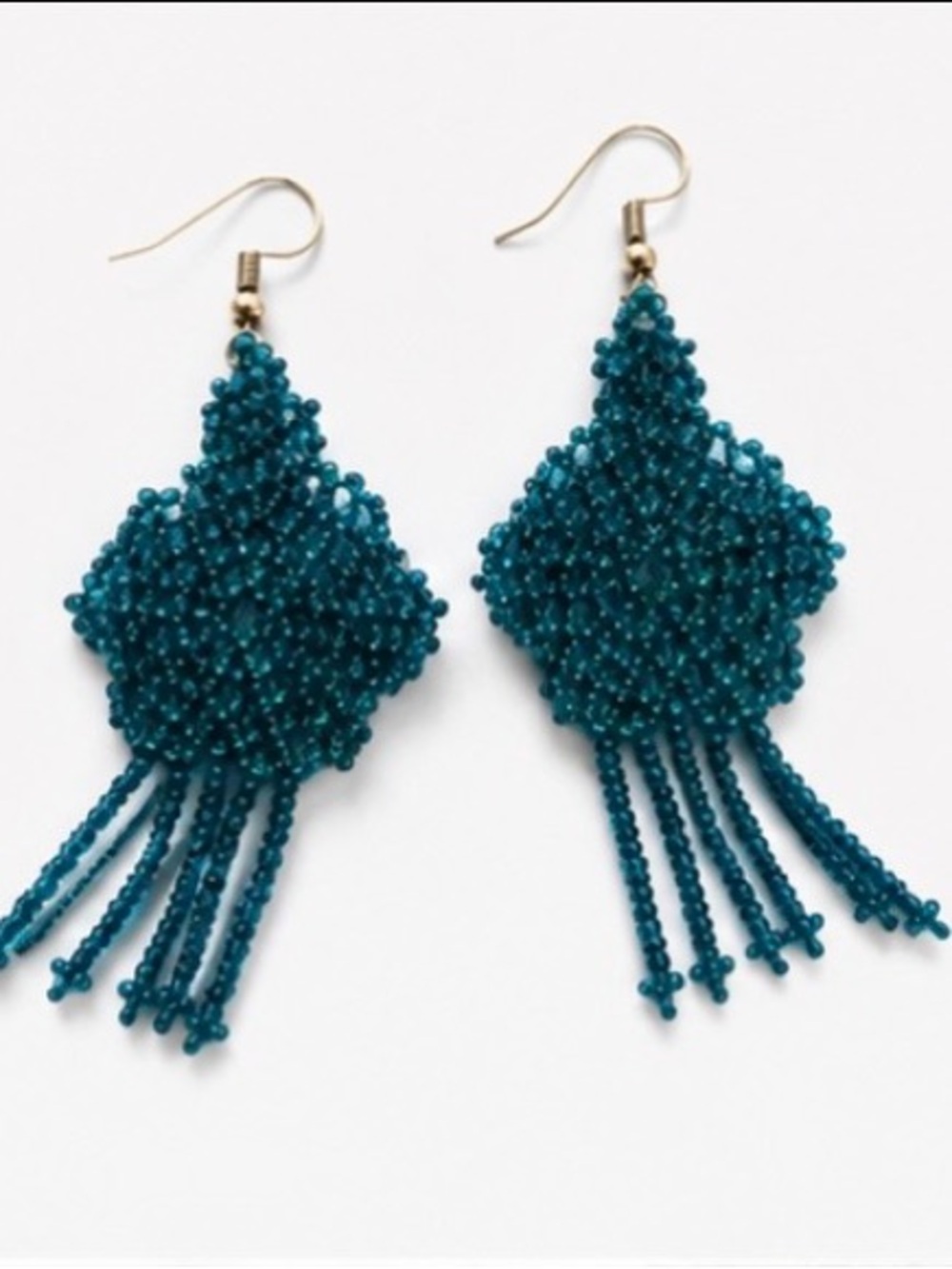 Teal Blue Seed Bead Fringe Statement Dangle Earrings